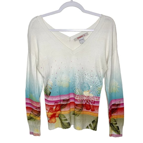 Desigual | Multi Print Colorful Embroidered Sequin Pullover Sweater - Picture 1 of 7